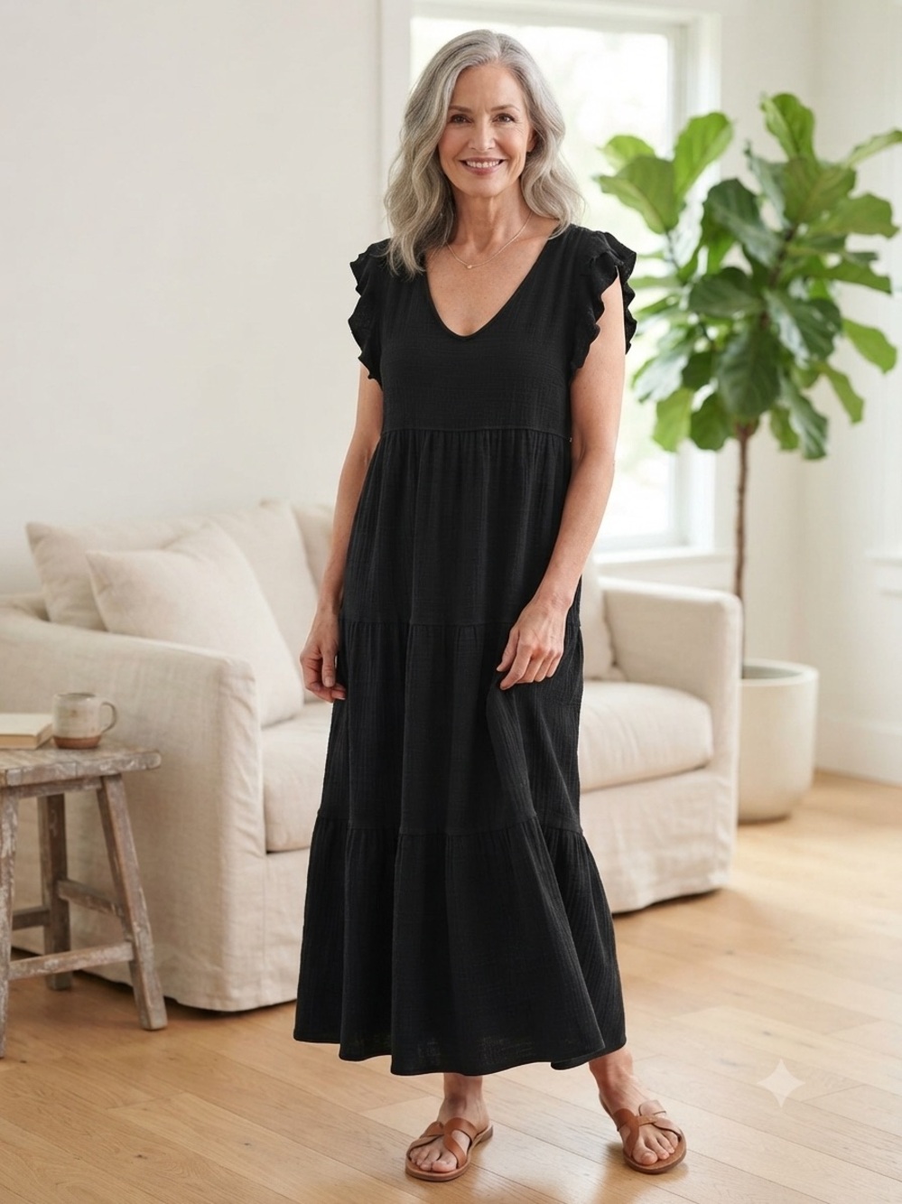 Max Studio Black Ruffle Sleeve Tiered Maxi Dress
